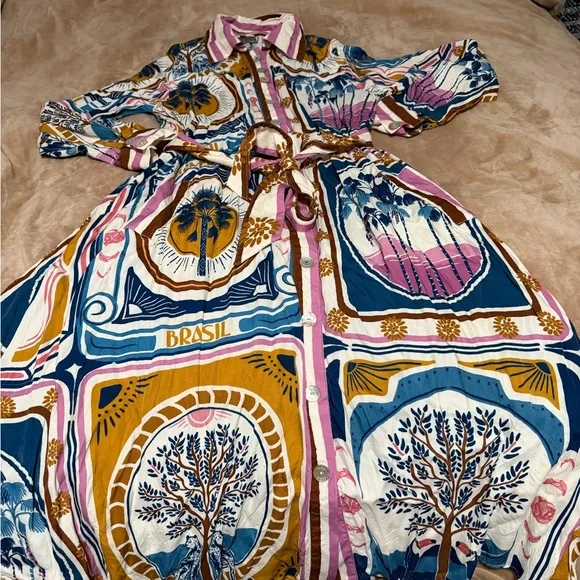 FARM Rio Cerrado Stamps Midi Shirt Dress. Size S. - Picture 2 of 7